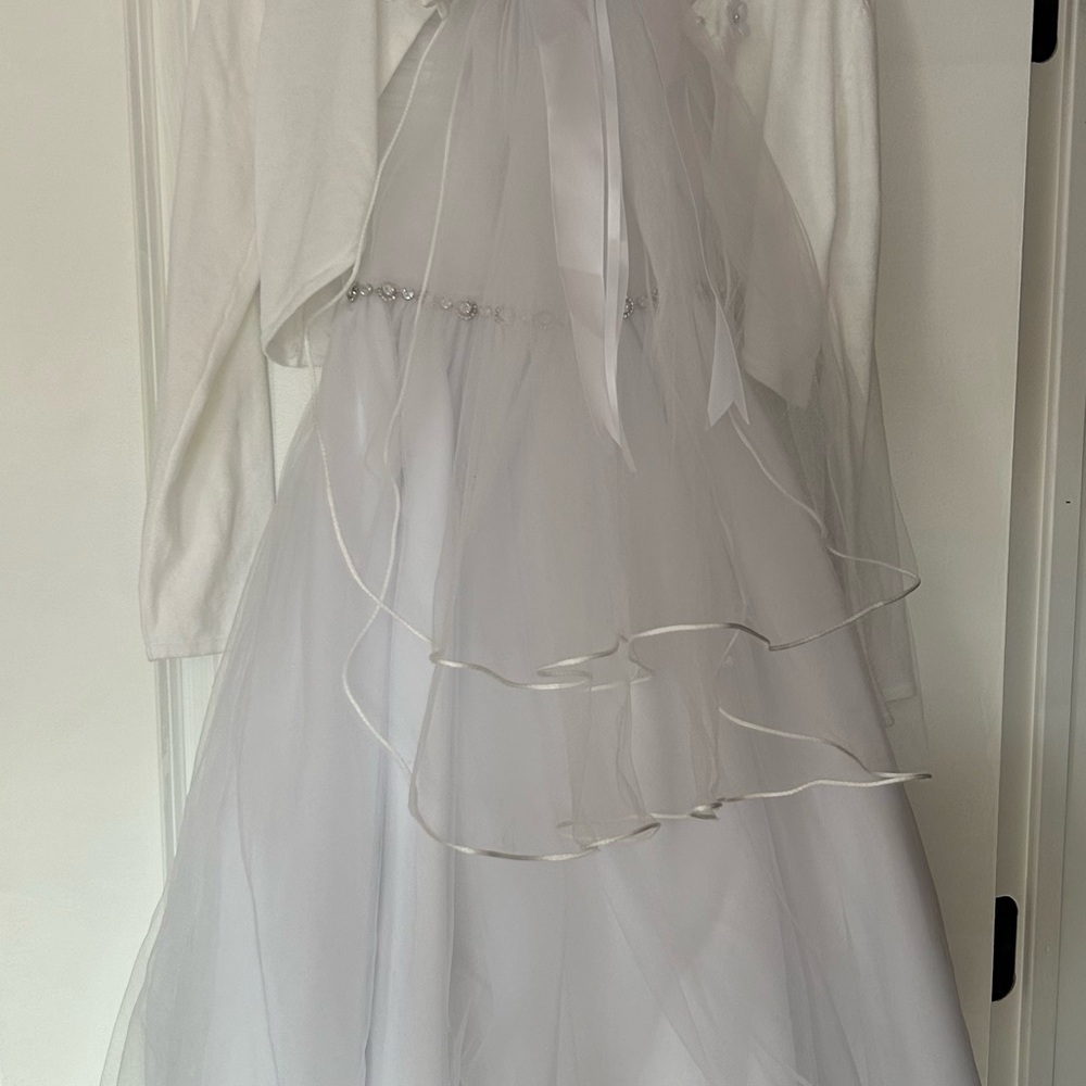 Elegant White Kids Formal Dress with sweater, veil and gloves